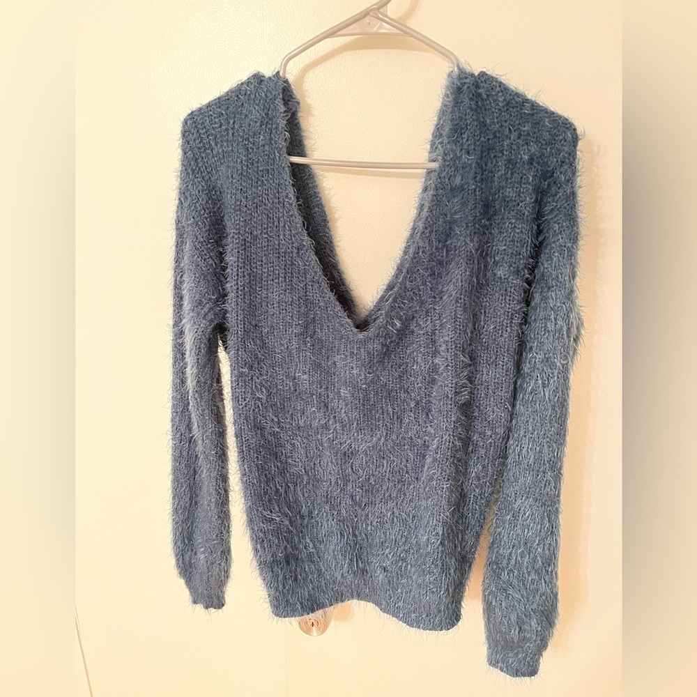 Blue fuzzy off shoulder sweater